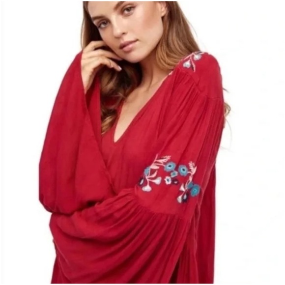 Free People Te Amo Red Floral Embroidered Dress Boho Flare Sleeve Flowy Small - Picture 3 of 16